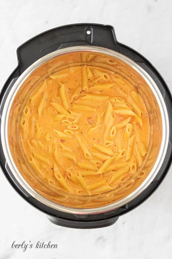 Instant Pot Creamy Tomato pasta in the Instant Pot liner.