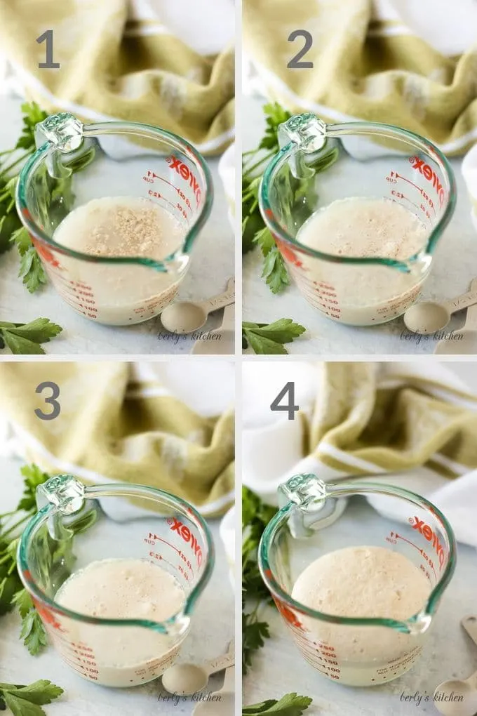 Collage of yeast activating in a glass measuring cup.