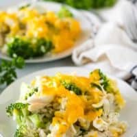 A close-up view of the cheddar topped chicken broccoli rice.