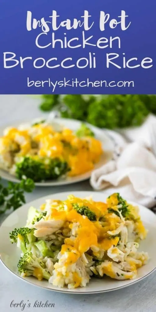 The chicken broccoli rice topped with cheddar and served on a plate.