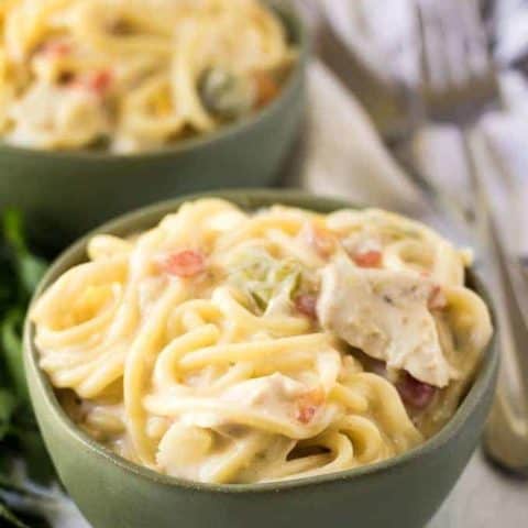 The pressure cooker chicken spaghetti served in small green bowls.