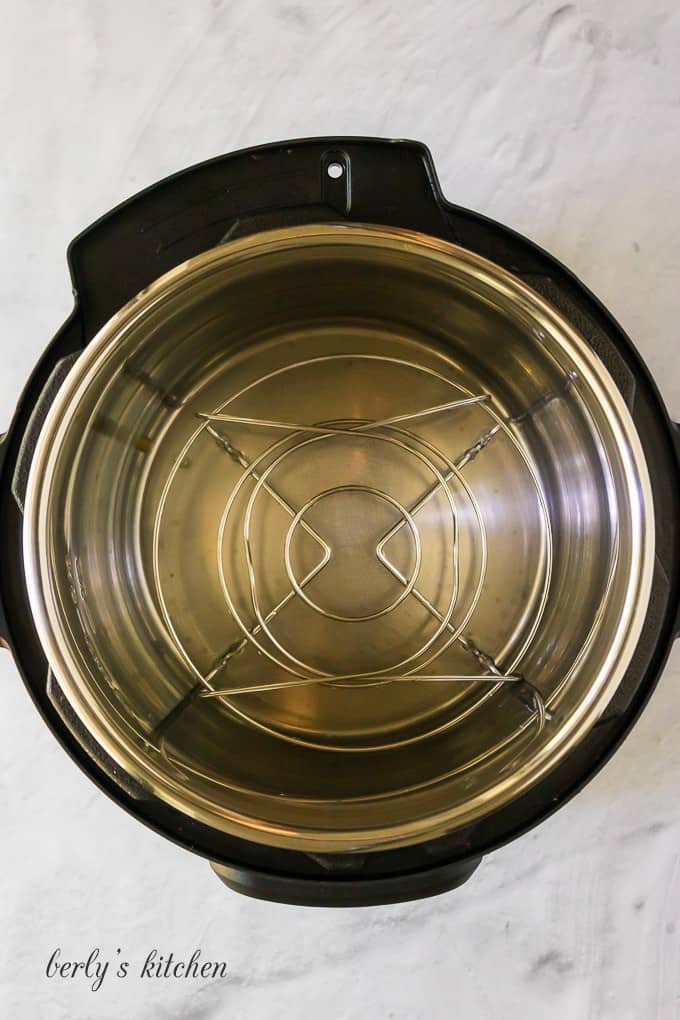 Top down view of the pressure cooker with the trivet installed.
