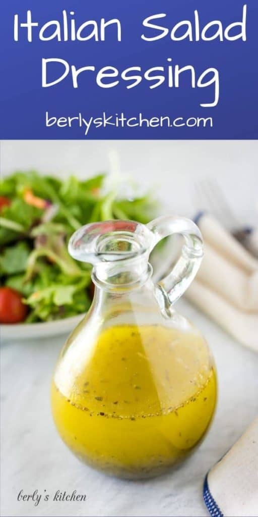 A filled cruet filled with the finished homemade italian dressing recipe.