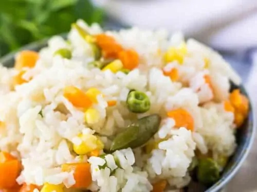 The pressure cooker rice served in a decorative blue bowl.
