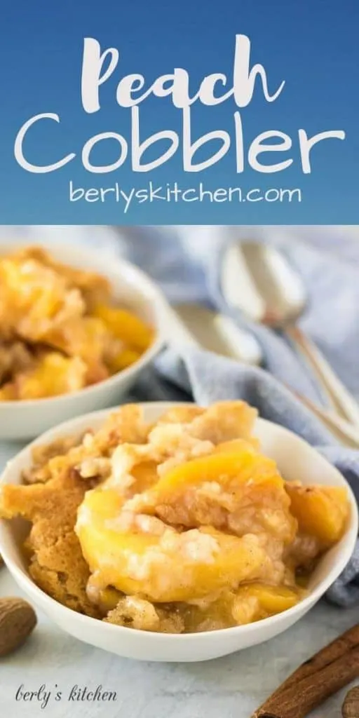 The easy peach cobbler served in a small white bowl.
