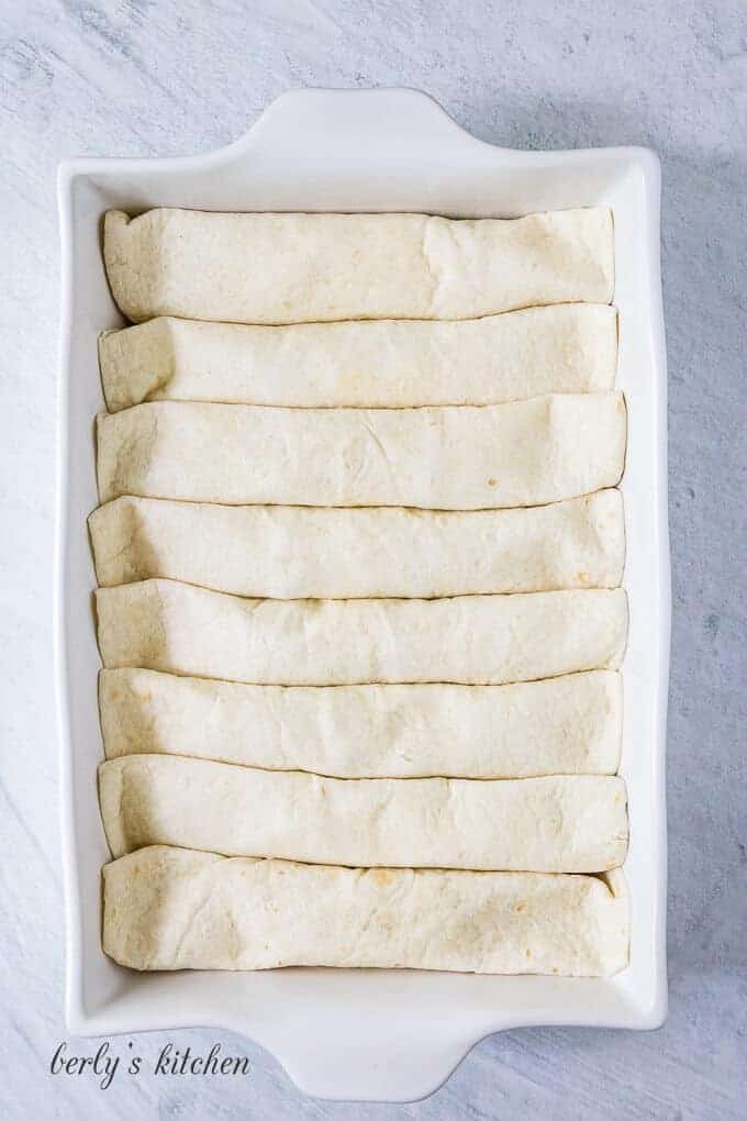The sausage and egg filling rolled into medium flour tortillas.