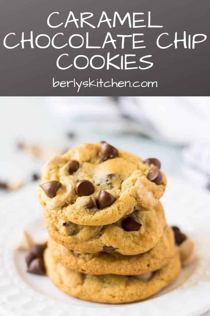 A stack of four caramel chocolate chip cookies on a plate.