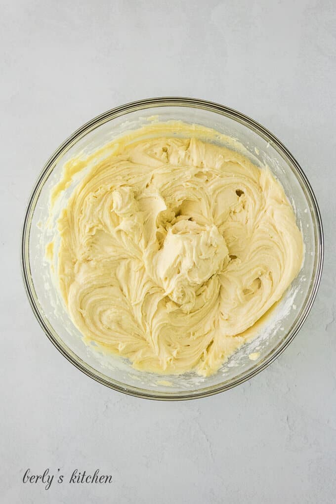 Flour has been added to the bowl to finish the crust.