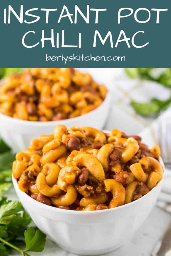 Two white bowls filled with the Instant pot chili mac.