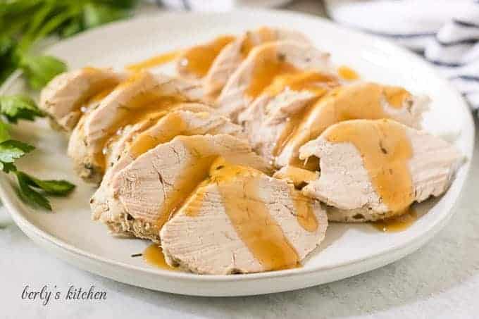 Slices of pork tenderloin drizzled with a sweet honey glaze.