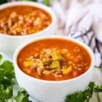 The finished Instant Pot stuffed pepper soup served in bowls.