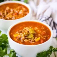 The finished instant pot stuffed pepper soup served in bowls.