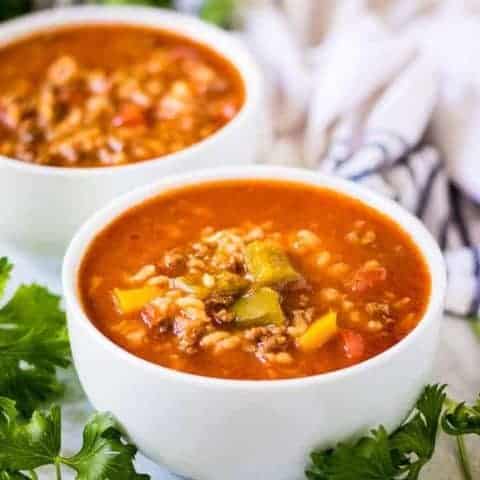 Instant Pot Stuffed Pepper Soup The finished instant pot stuffed pepper soup served in bowls.