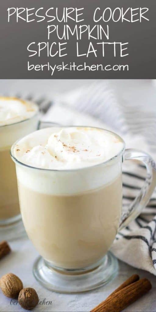 A mug of pumpkin spice latte served with whipped cream and ground cinnamon.