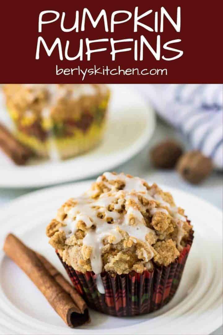 A pumpkin spice muffin topped with cinnamon streusel and glaze.