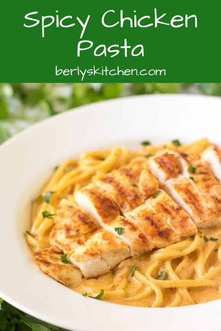 A serving of spicy chicken pasta garnished with fresh parsley.