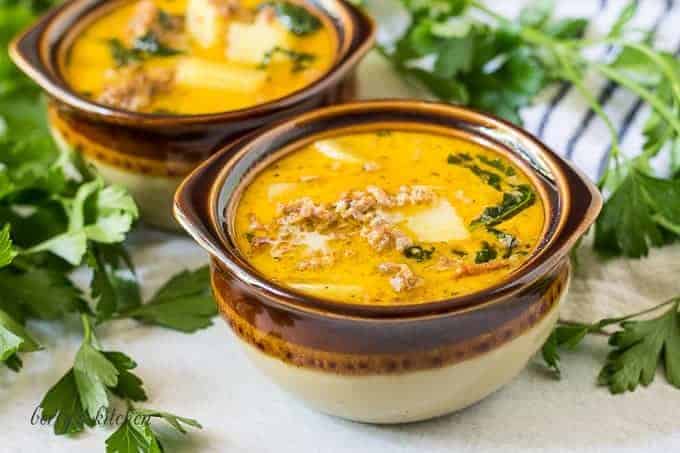 Two small bowls of the Instant Pot zuppa toscana recipe.