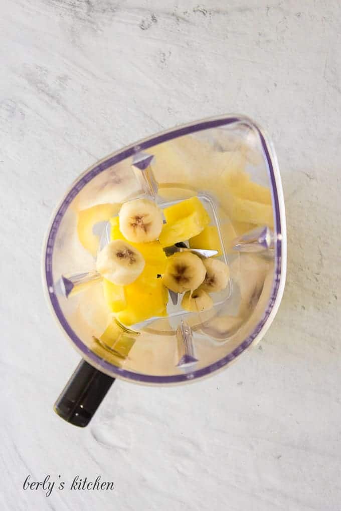 The fruit has been placed into a blender to mix.