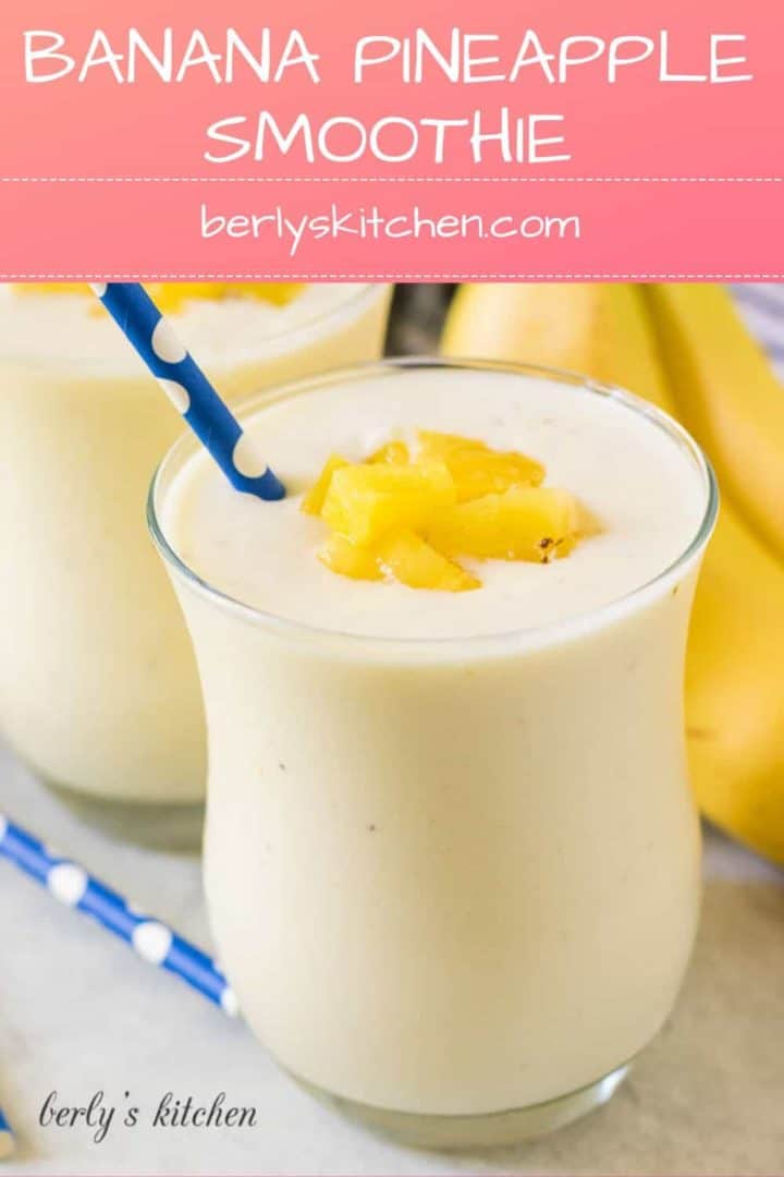 The finished banana pineapple smoothie garnished with diced fresh pineapple.