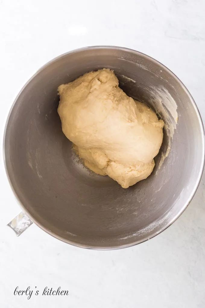 The sticky dough has been mixed with a dough hook.