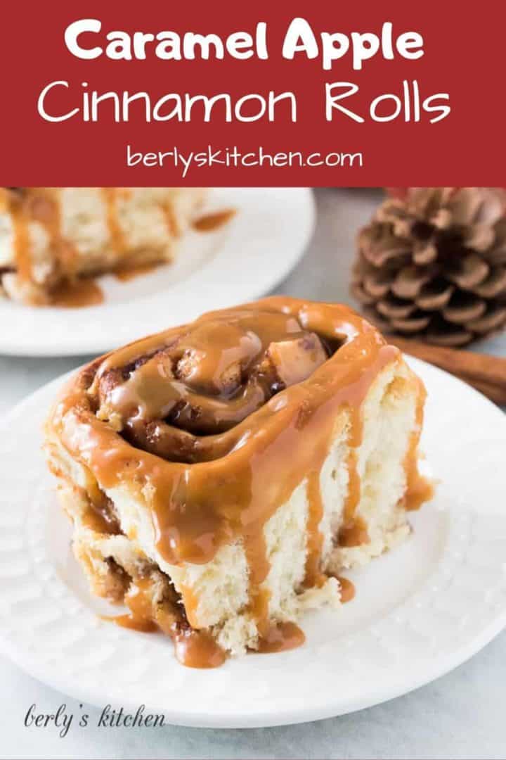 A caramel apple cinnamon roll covered with warm caramel sauce.