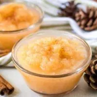The finished applesauce in a ramekin surrounded by cinnamon sticks.