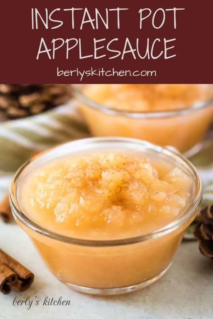 Two bowls of Instant Pot applesauce garnished with ground cinnamon.