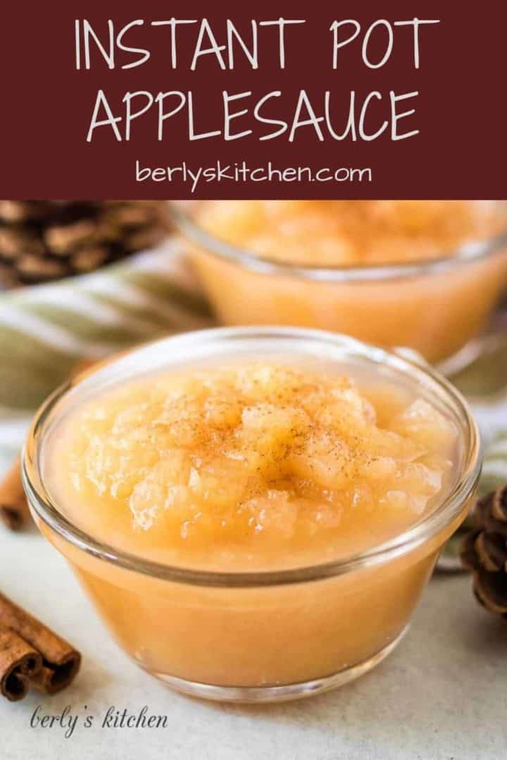 Two bowls of instant pot applesauce garnished with ground cinnamon.