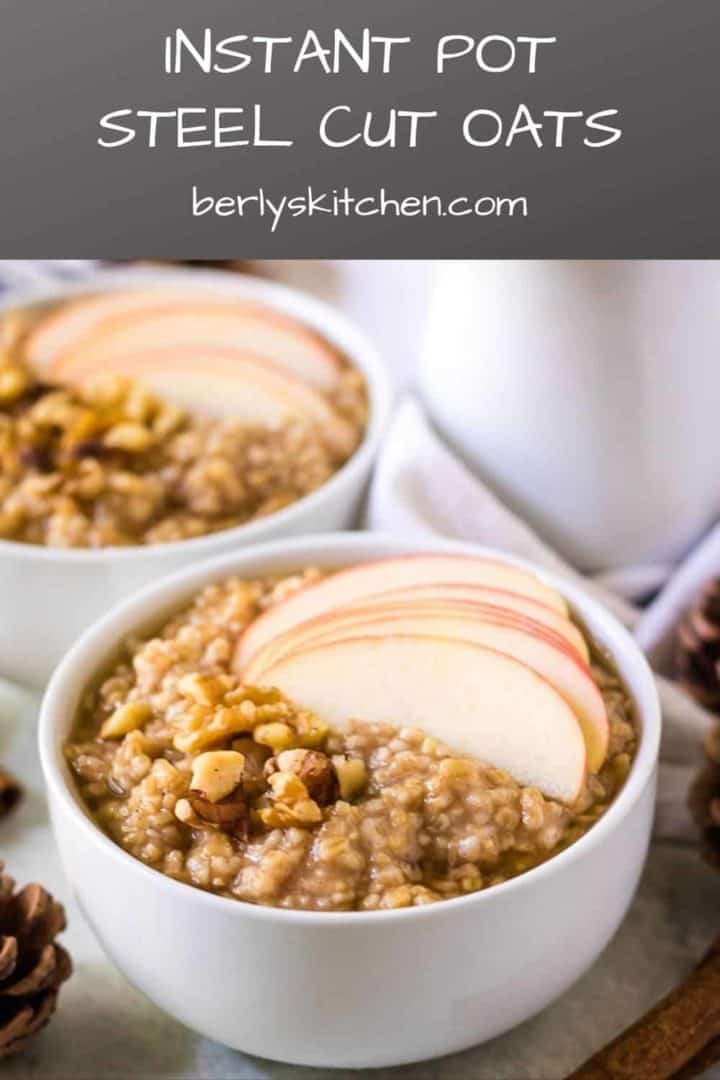 The instant pot steel cut oats topped with sliced apples.