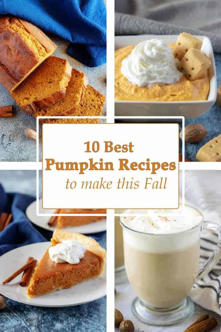 A collage showing pumpkin bread, dip, pie, and latte creamer.