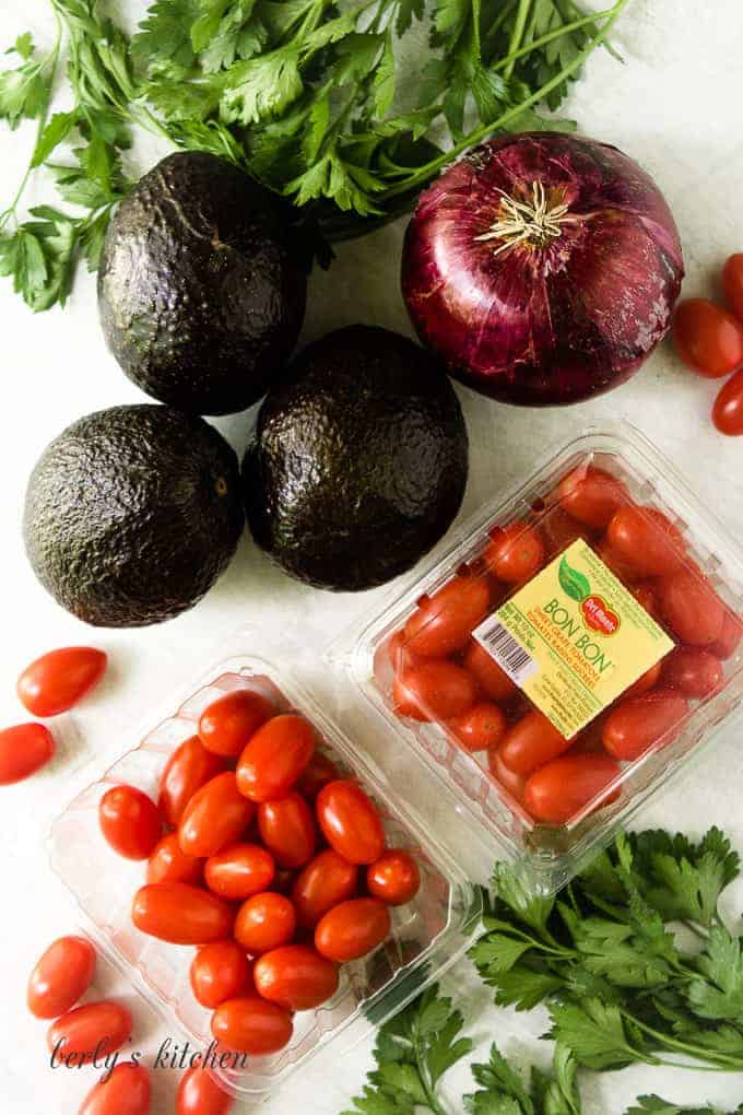 A top down view of avocados, onions, tomatoes, and herbs.