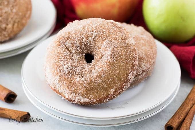 Two apple cider donuts served on a small white plate.