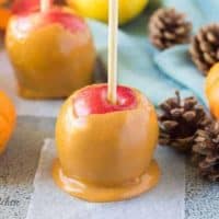 Two caramel apples on wax paper surrounded by Fall decor.