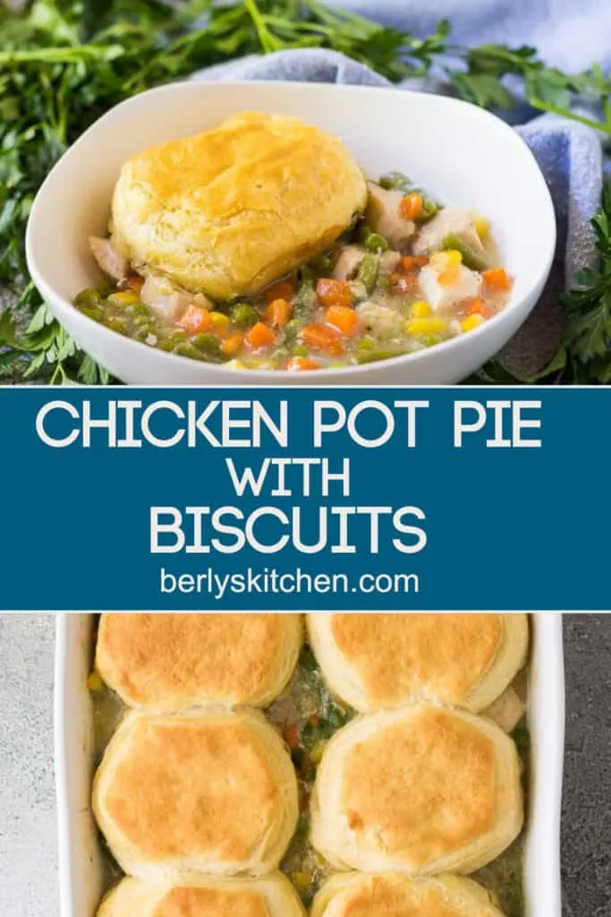 Two pictures of the chicken pot pie separated by text.
