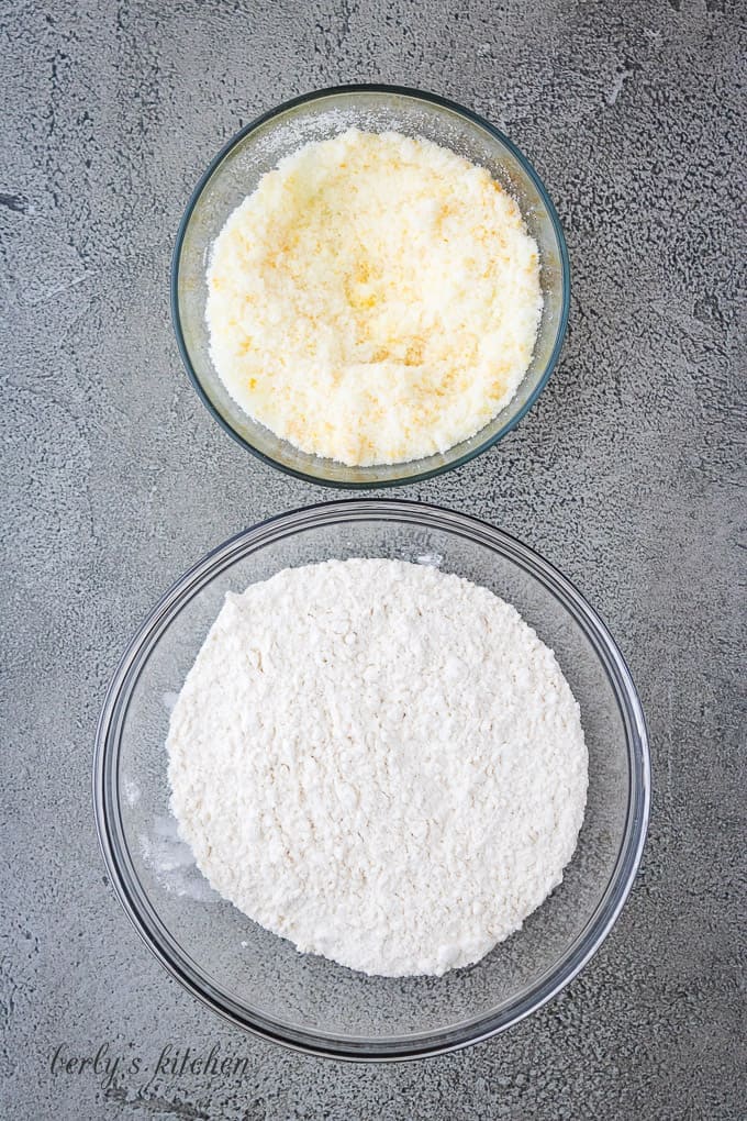 One bowl with dry ingredients, another with a butter mixture.