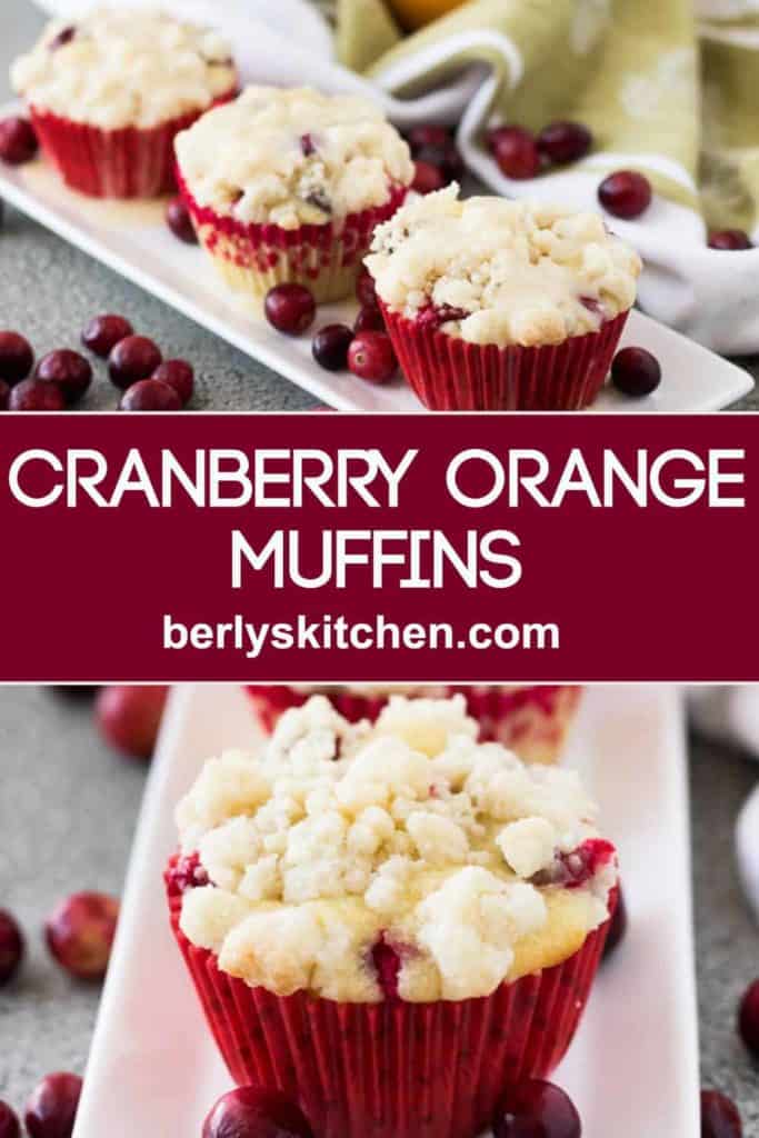 Cranberry orange muffins topped with a crumble and sweet glaze.