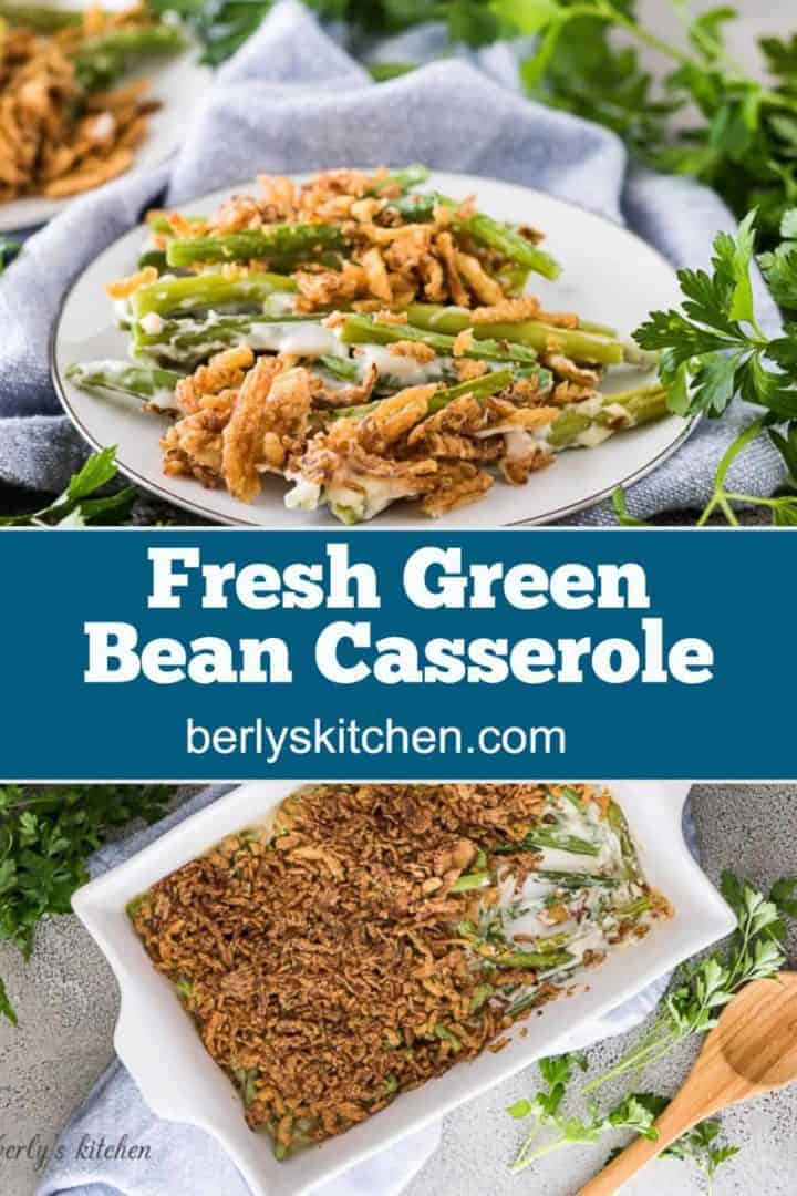 Fresh green bean casserole on a plate and in a baking dish.