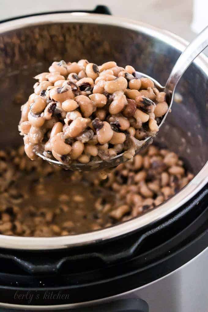 A metal spoon showing a scoop of the black eyed peas.