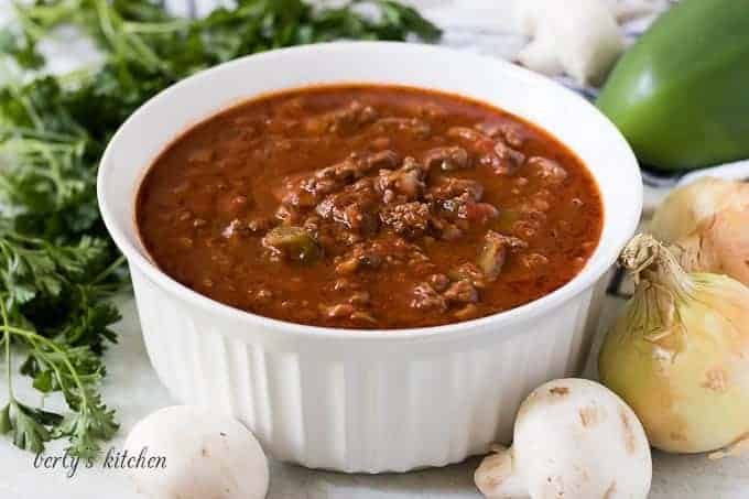 A large ramekin filled with the instant pot meat sauce.