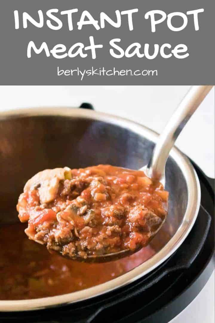 The Instant Pot meat sauce being scooped from the cooker.