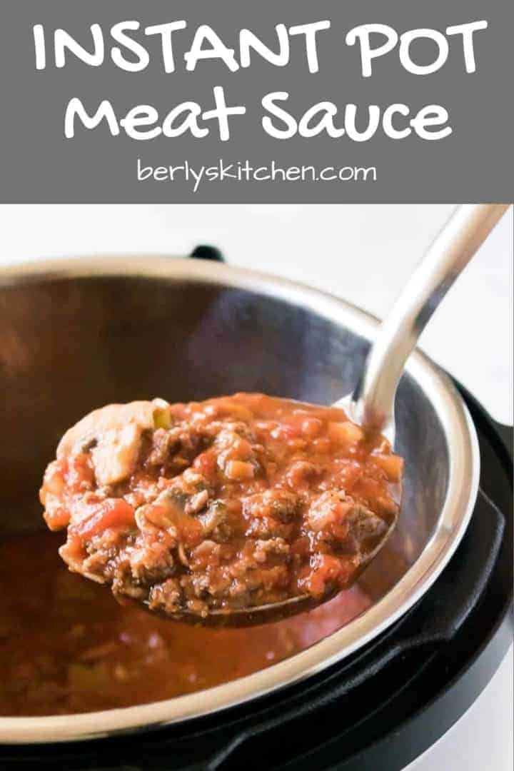 The instant pot meat sauce being scooped from the cooker.