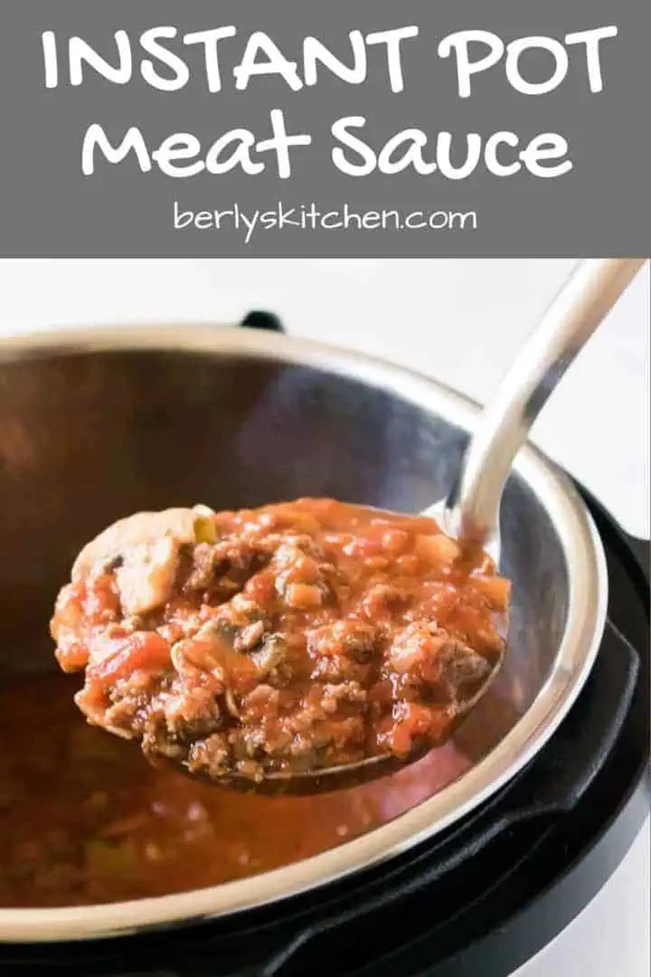 The instant pot meat sauce being scooped from the cooker.