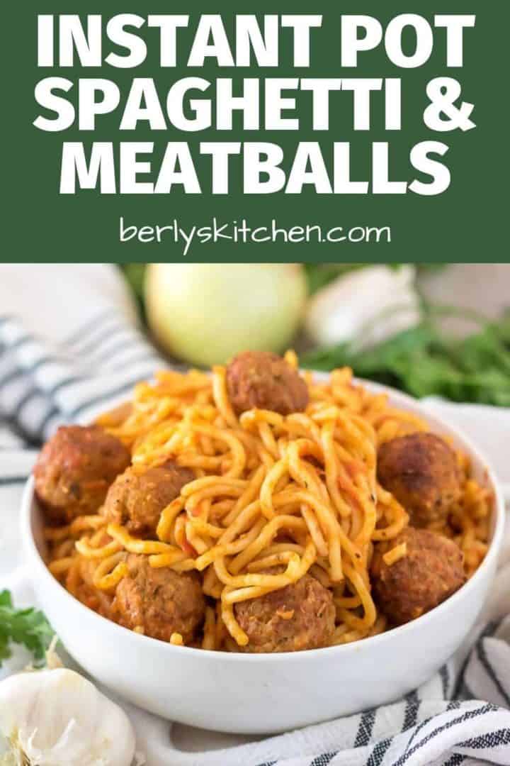 A small bowl of the instant pot spaghetti and meatballs.