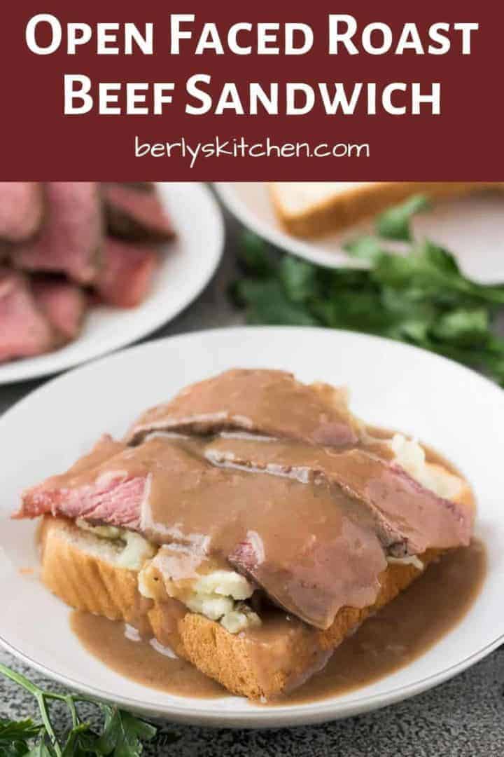 The finished leftover pot roast sandwich topped with beef gravy.