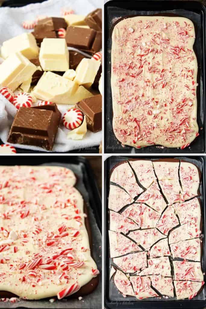Collage of 4 photos of peppermint bark in process.