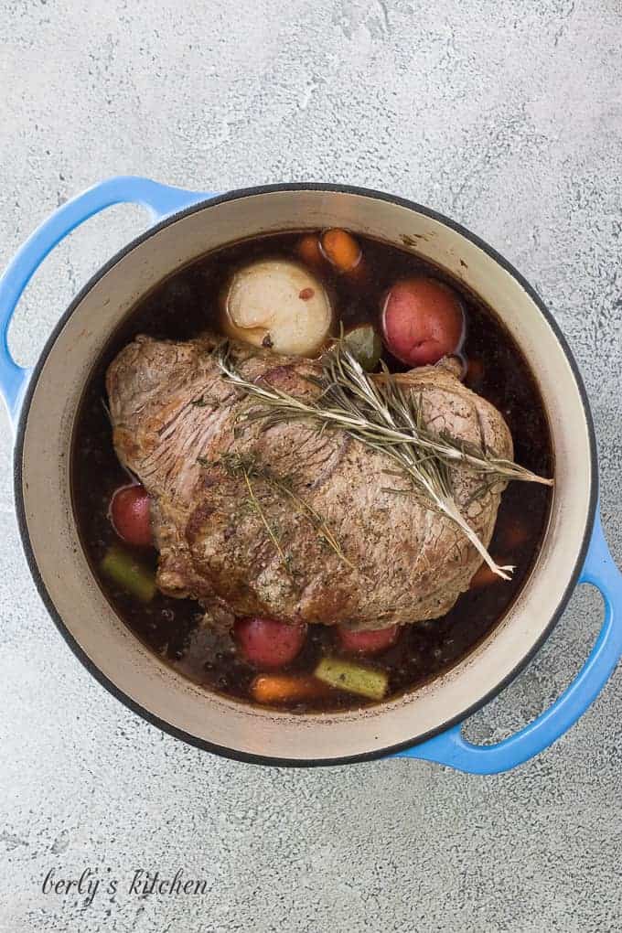 The pot roast has finished cooking and can now rest.