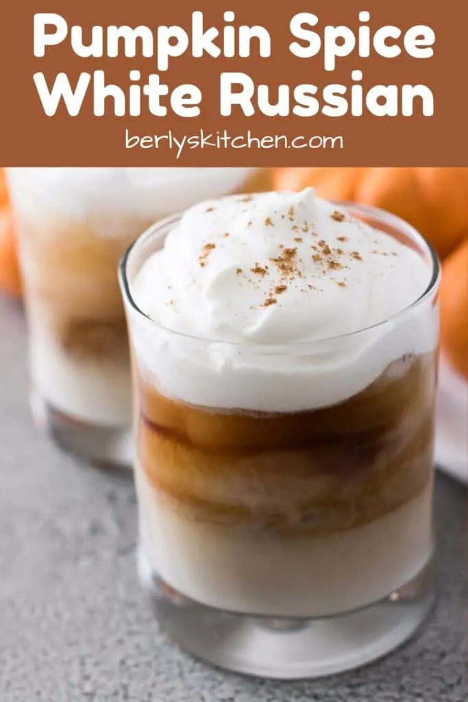 The finished pumpkin spice white Russian topped with whipped cream.