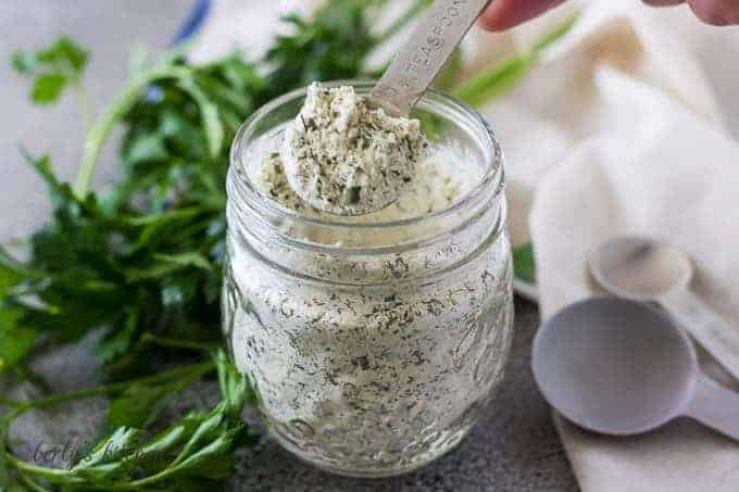 A small spoon showing a scoop of ranch dressing mix.