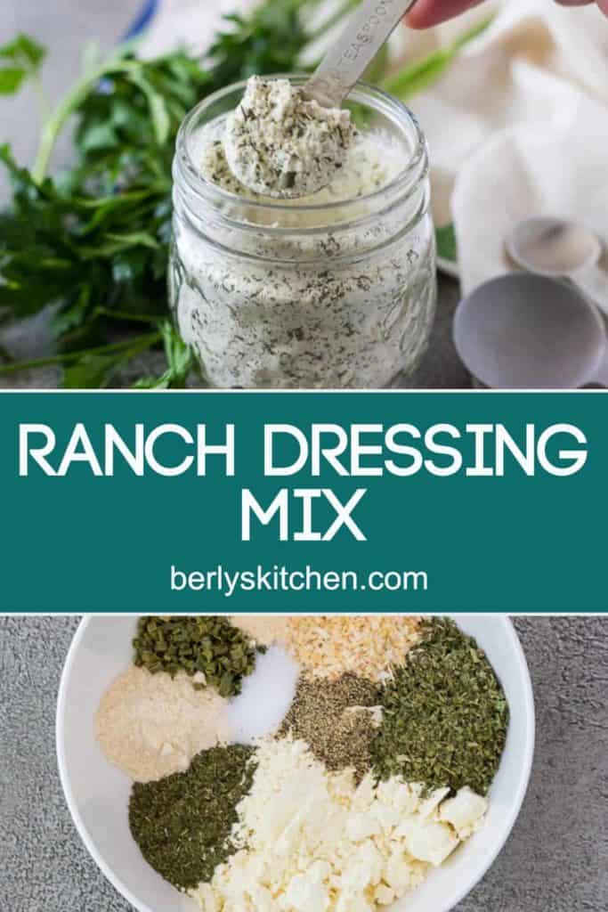 Two photos of the ranch dressing mix separated by text.