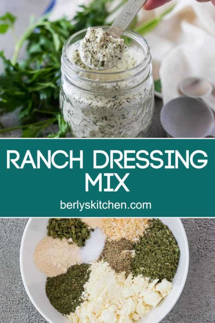 Two photos of the ranch dressing mix separated by text.